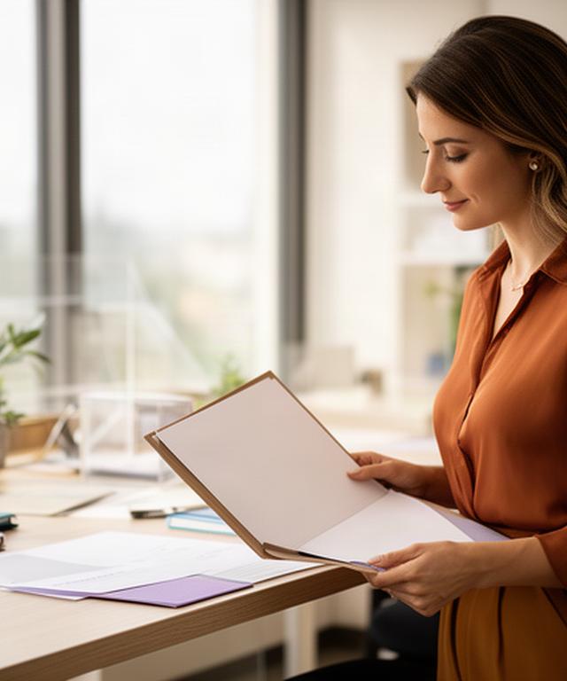 Professionista HR che consulta una pratica riservata in un ufficio luminoso di Vignate