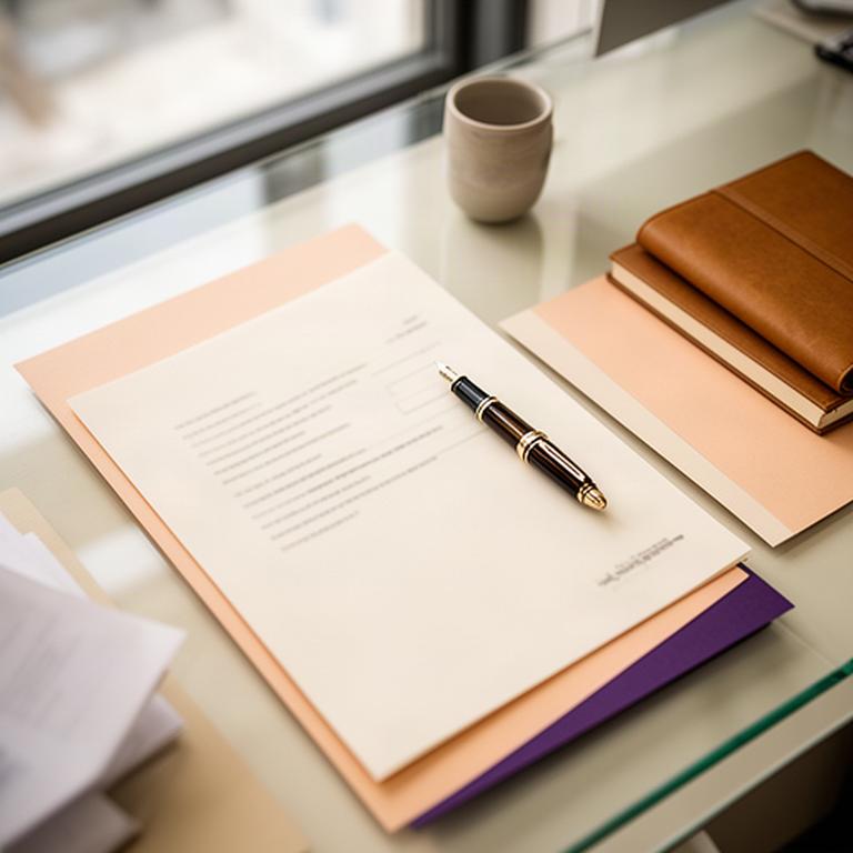 Scrivania con documento legale, penna e taccuino in un ufficio HR luminoso