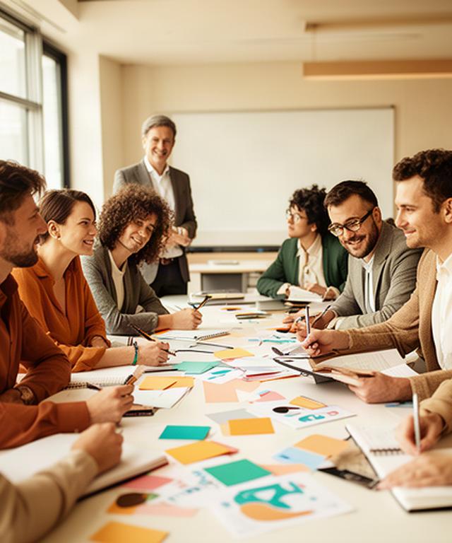 Gruppo di professionisti in aula durante un laboratorio formativo con lavagna e materiali di lavoro